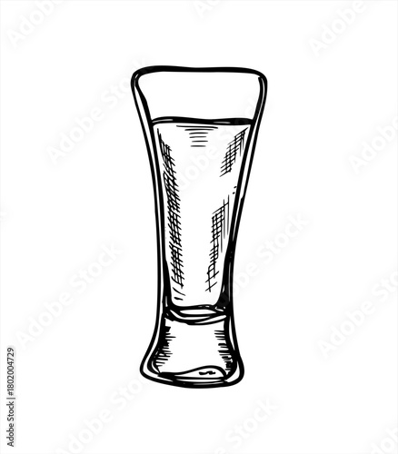 Filled shot glass with alcoholic drink as vodka, brandy, sake or limoncello vector illustration painted by black ink. Beverage in small glassware etching drawing for cocktail recipe, party invitation