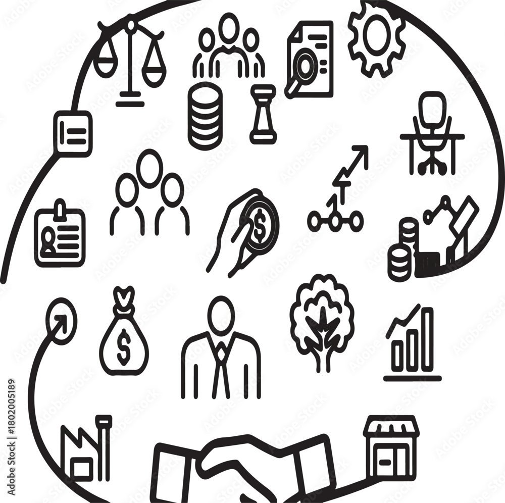 Fototapeta premium Collection of interconnected business icons representing various aspects of corporate management and financial processes