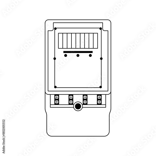 Illustration of a simple electric meter with a display and terminal connections in a line drawing style