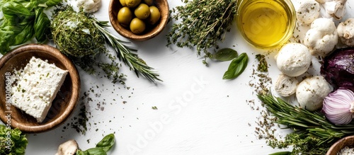 Fresh Mediterranean ingredients - feta, olives, herbs, and olive oil.