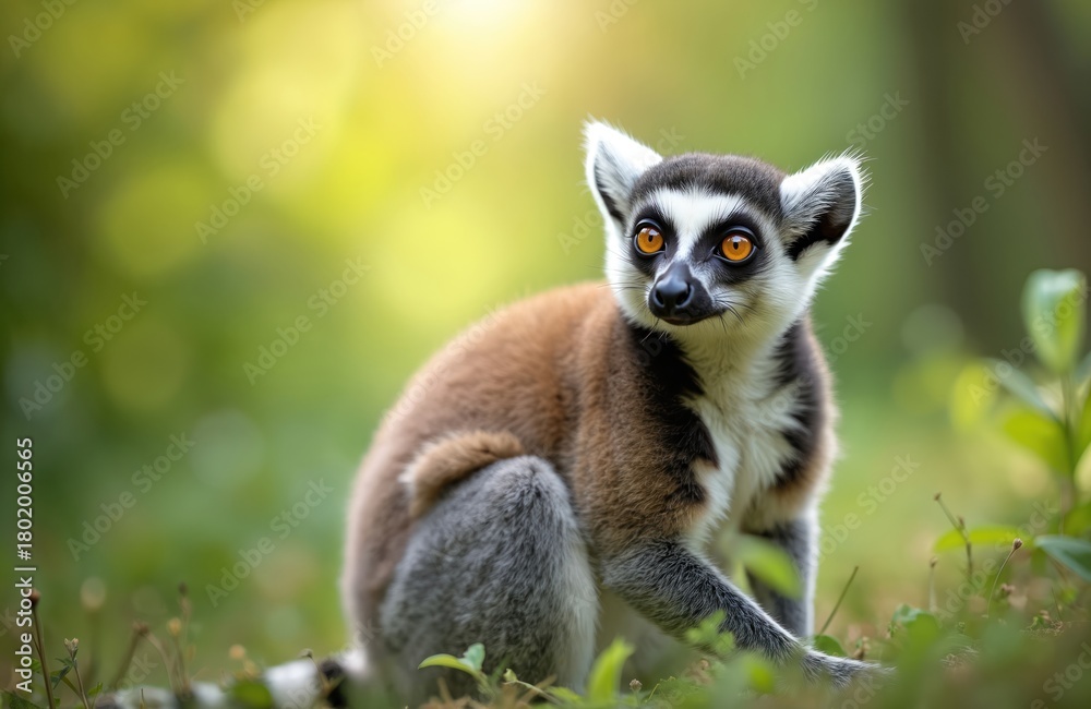 Naklejka premium Ring tailed lemur sits in green grass looking intently. Cute primate with big orange eyes observes surroundings outdoors. Small animal with black white face fur in its natural habitat.