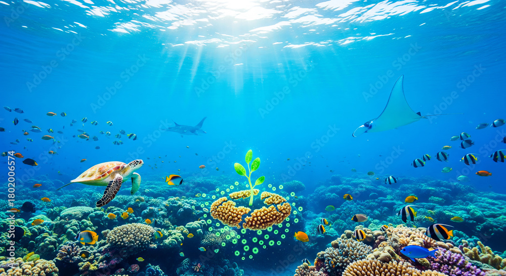 Fototapeta premium Underwater conservation concept coral reef marine life growth eco system