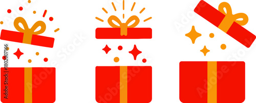 Three red gift boxes with golden bows and sparkles representing surprise and celebration of gifts