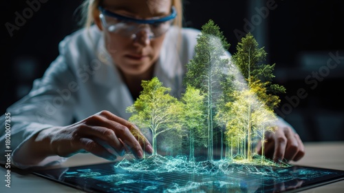 Fototapeta Naklejka Na Ścianę i Meble -  Scientist analyzing holographic environmental simulation with artificial intelligence proposing reforestation plan and conservation strategy. Sustainability eco tech and climate technology innovation.