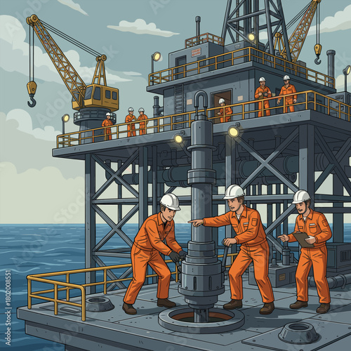 Offshore oil platform workers collaborating to operate heavy drilling equipment safely during demanding marine industrial extraction operations
