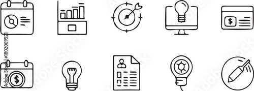 Icons of Conceptualization: A collection of simple, black and white illustrations representing key business concepts, from financial planning to innovative ideas.