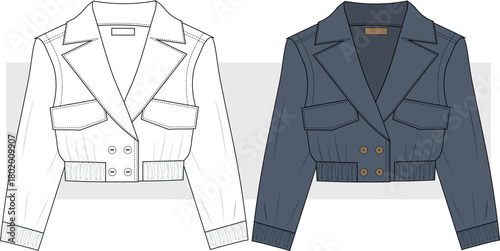 Women's Outerwear Crop Jacket Fashion Technical Drawing, Illustration. Coat Flat Sketch, CAD, Mockup set.	