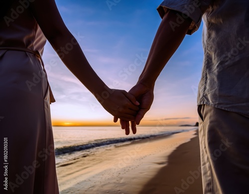 Romantic Couple Holding Hands on Beach at Sunrise for Stock Photo