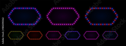 Light neon frame with bulbs. Led glow retro border for casino and cinema advertising.