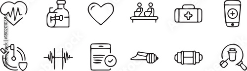 Medical Icon Collection: A set of clean, minimalist medical icons. Representing diverse health and wellness concepts, from vital signs and medical equipment to healthy habits.