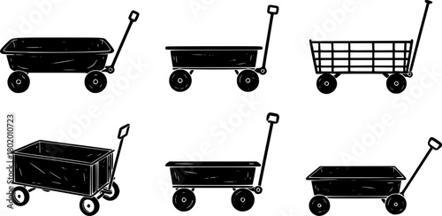 A black collection of wagons with different body and handle designs
