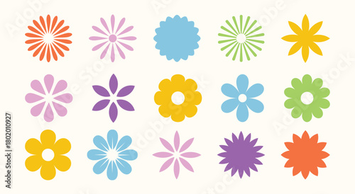 Collection of flower geometric shapes. Colorful brutalism abstract symbols. Decorative patterns  Isolated on background.