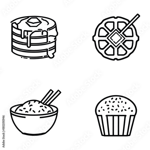Cute Outline Food Icons Pancake Stack with Syrup Belgian Waffle Rice Bowl with Chopsticks and Chocolate Muffin