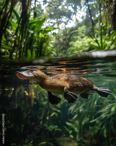 A platypus swimming gracefully in a calm river, surrounded by lush vegetation