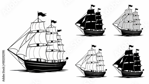 Collection of Black and White Old Sailing Ships Drawing for Maritime History Illustrations and Pirate Themed Designs
