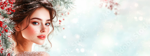 Beauty promotion banner. Young woman with festive makeup surrounded by winter branches on snowy background, holiday promotions, seasonal advertising campaign, Christmas sale, special offer, Copy space
