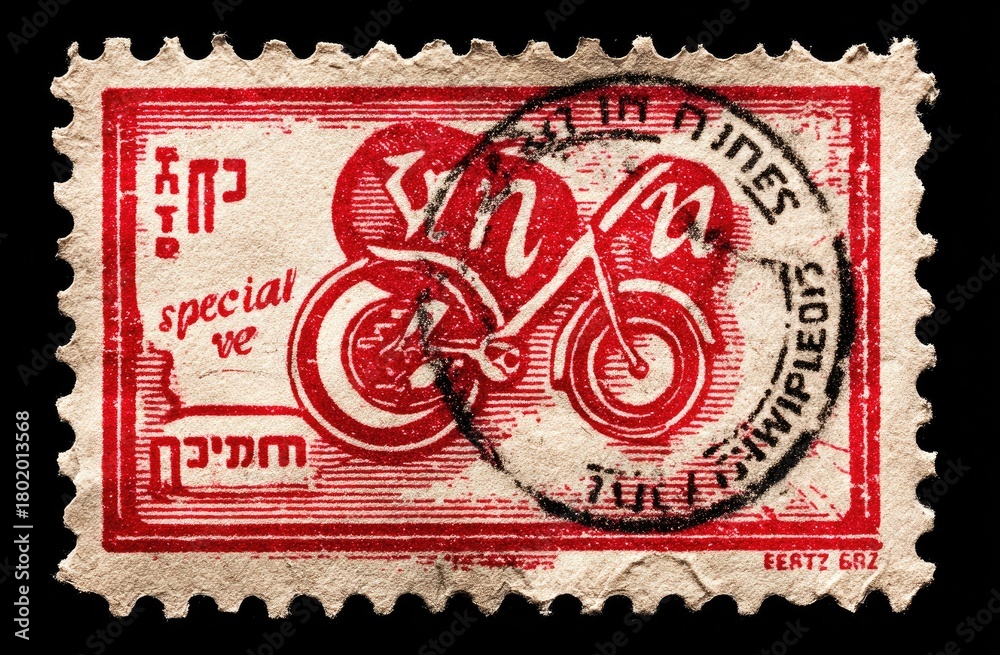 Obraz premium Vintage, red and white postage stamp featuring a stylized motorcycle image