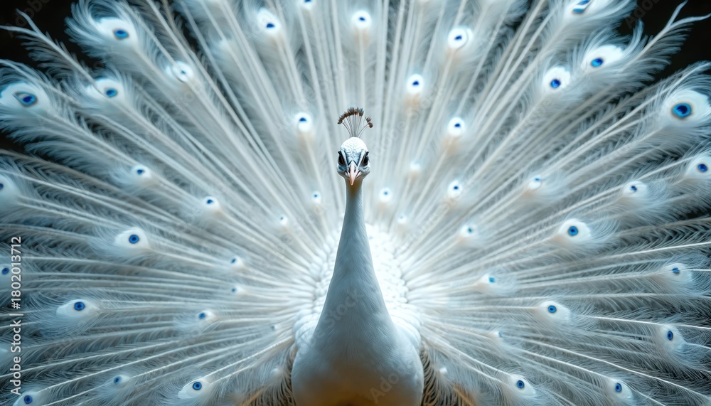 Obraz premium White peacock displays its fanned tail feathers with blue eyespots. Male bird shows off plumage during courtship ritual in nature preserve. Exotic wild animal in its habitat.
