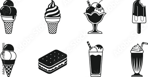 Collection of black and white illustrations of various ice cream desserts