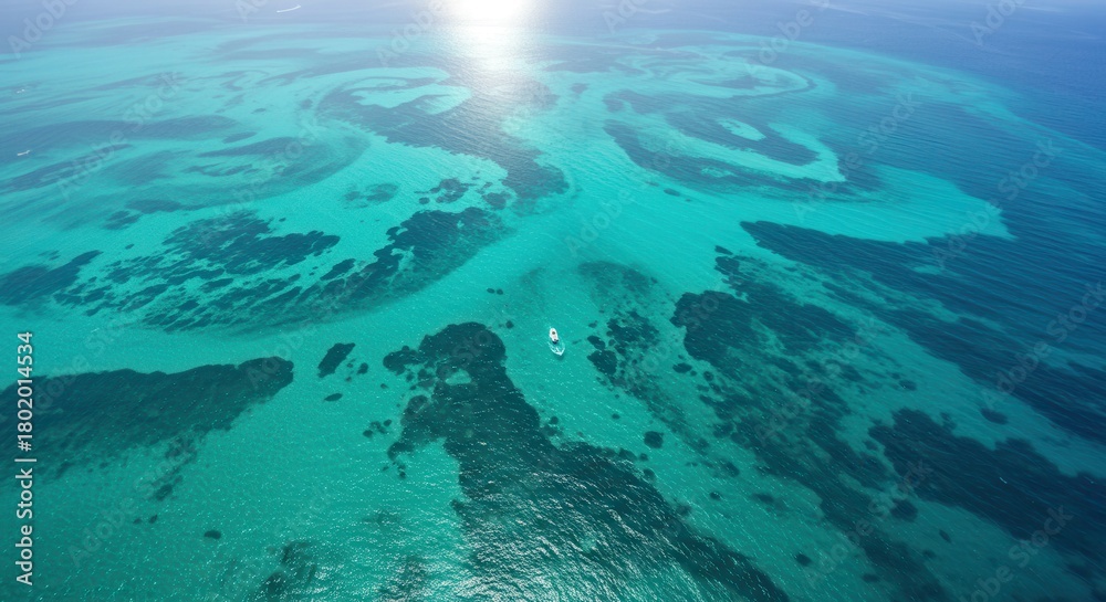 Obraz premium Aerial view captures vibrant turquoise shallow ocean waters revealing underwater formations under bright sunlight