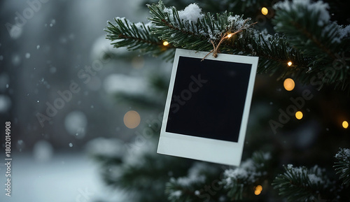 Blank black polaroid hanging on Christmas tree during a snowfall