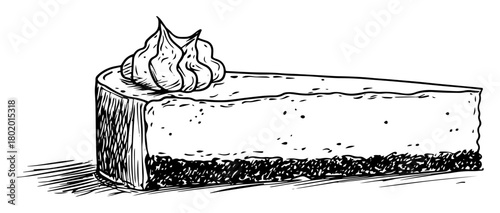 cake slice with cream topping vector sketch fine lines in ink engraving style