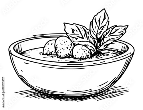 ice cream dessert in bowl hand drawn vector sketch fine lines in ink engraving style