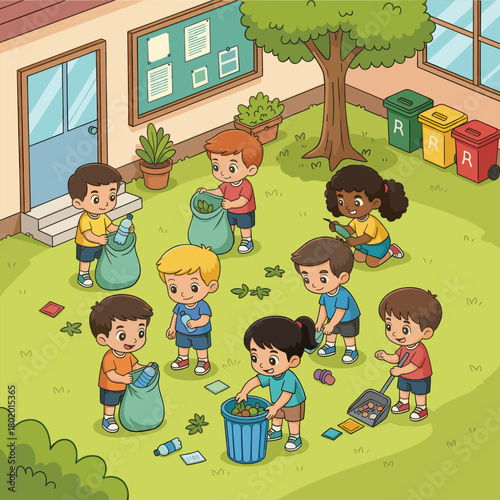 Children Working Together to Clean and Organize Their Schoolyard Environment for a Healthier, Greener, and More Responsible Community