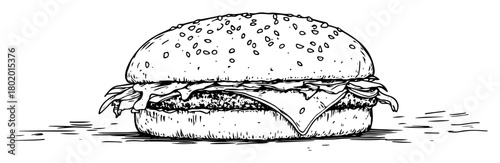 burger sandwich with lettuce vector sketch fine lines in ink engraving style
