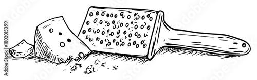 cheese and grater kitchen tools vector sketch fine lines in ink engraving style