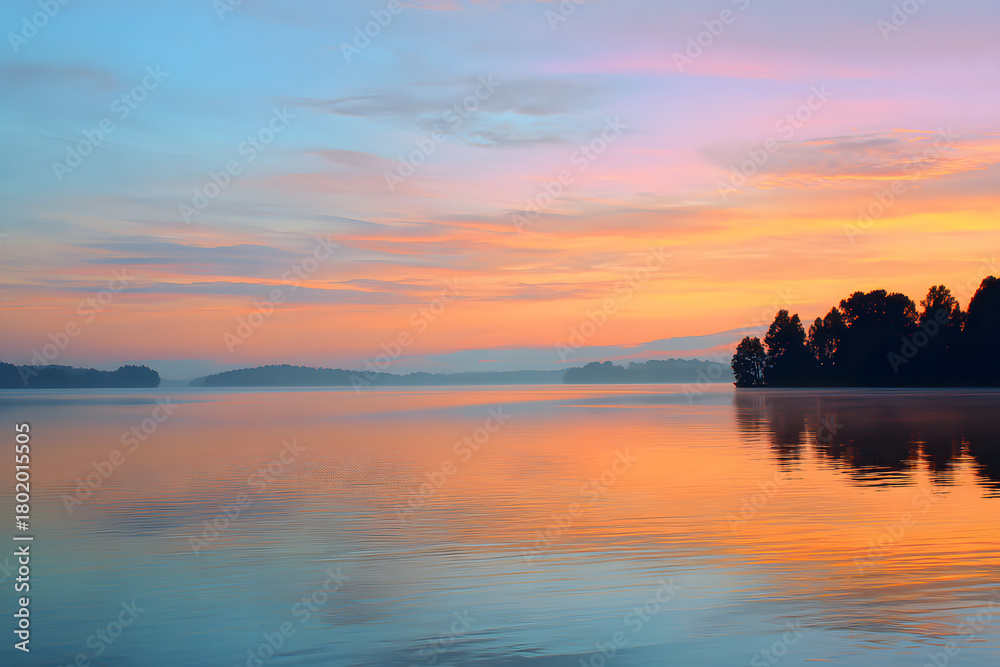 Fototapeta premium sunrise reflecting on a still lake surface with pastel colors creating a peaceful gentle morning calmness