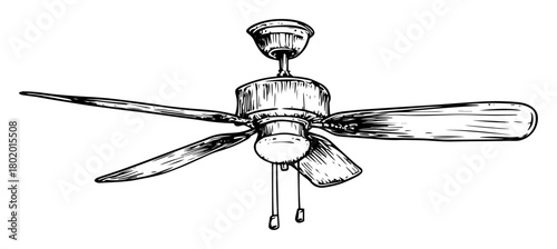 ceiling fan with blades vector sketch fine lines in ink engraving style