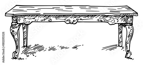 vintage carved table furniture vector sketch fine lines in ink engraving style