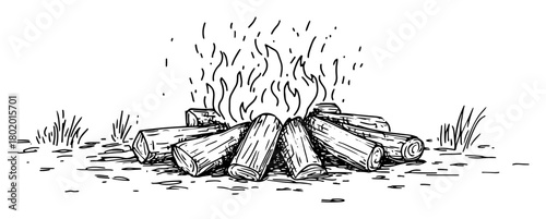 bonfire wood logs burning vector sketch fine lines in ink engraving style