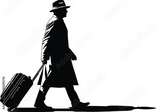 Silhouette of traveling man pulling suitcase, elegant male in long coat and hat, business trip, tourism journey, airport travel illustration