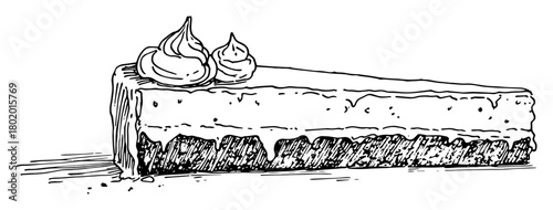 cheesecake slice with topping vector sketch fine lines in ink engraving style