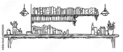 home bookshelf with plants and lamps hand drawn doodle sketch vector black shape