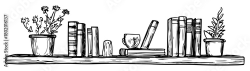 bookshelf with books and plants hand drawn doodle sketch vector black shape