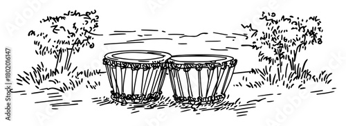 two tribal drums in nature hand drawn doodle sketch vector black shape