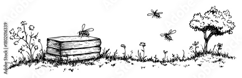 honey beehive in meadow hand drawn doodle sketch vector black shape