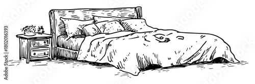 double bed with pillows hand drawn doodle sketch vector laser engraving