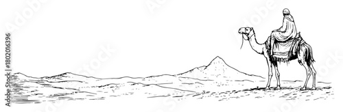 camel rider in desert hand drawn doodle sketch vector laser engraving