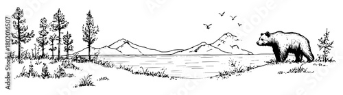 bear in forest mountain landscape hand drawn doodle sketch vector laser engraving