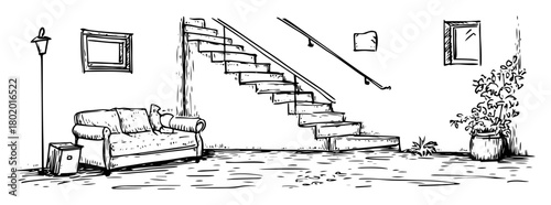 home interior with sofa and stairs hand drawn doodle sketch vector laser engraving