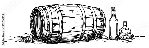 wine barrel and bottles hand drawn doodle sketch vector laser engraving