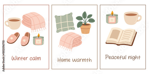Set of cozy hygge posters featuring tea, candle, blanket, slippers, plant and book. Warm minimal design for home decor, prints and lifestyle projects.