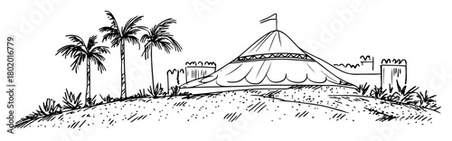 desert tent and palm trees hand drawn outline doodle vector sketch shape