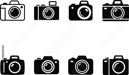 Collection of eight black and white camera icons on a white background