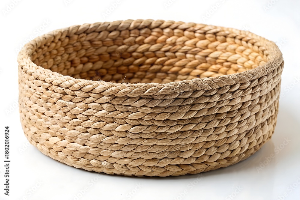 Obraz premium Handwoven natural fiber basket with textured braided detail, perfect for home organization.