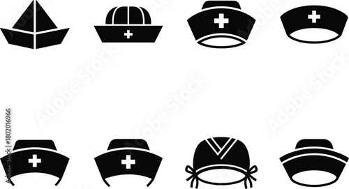 Collection of medical headwear icons nurse caps surgical caps and more